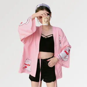 Veste Kimono Femme Rose 'maneki Neko'