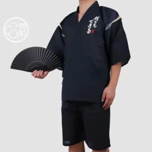 Ensemble jinbei AP0025 B-07, haut sombre à motif blanc et short assorti ; éventail non inclus