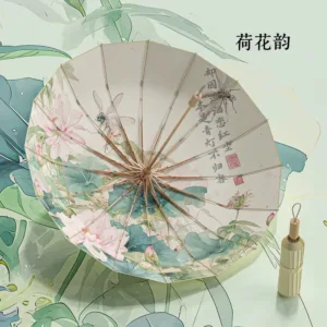 Ombrelle pliante Lotus, fleurs roses, feuilles vertes et libellules sur fond clair