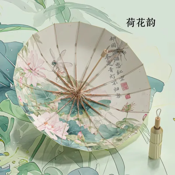 Ombrelle pliante Lotus, fleurs roses, feuilles vertes et libellules sur fond clair