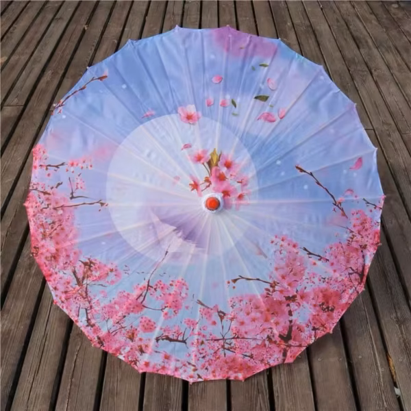 Ombrelle Sakura à fleurs roses sur fond bleu-violet